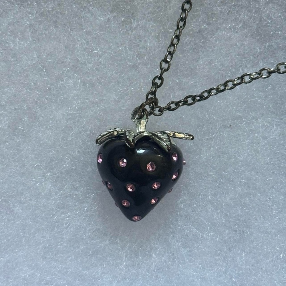 Vintage Y2K Black and Pink Rhinestone Strawberry Charm Necklace